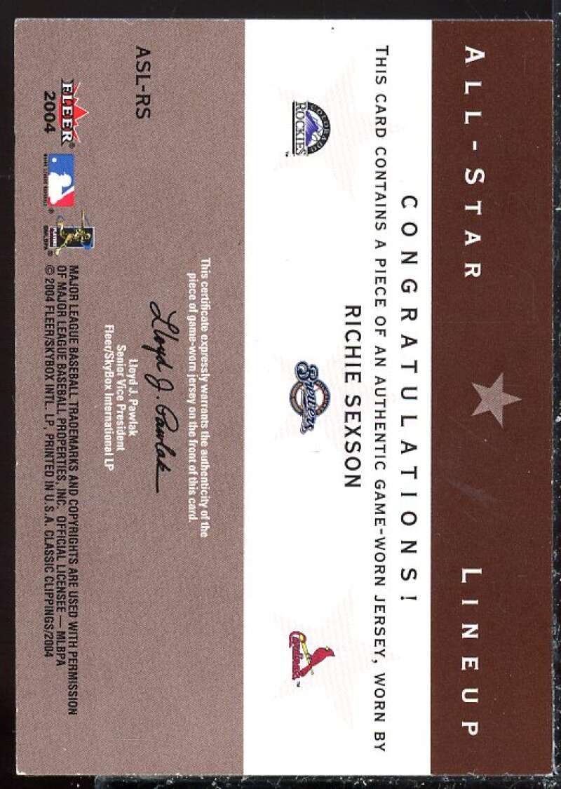 R.Sexson w/Helton-Pujols Card 2004 Classic Clippings All-Star Lineup Swatch #RS  Image 2