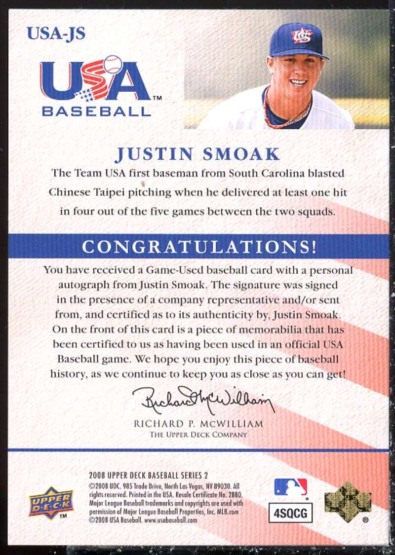 Justin Smoak 2008 Upper Deck USA National Team Jerseys Autographs Black #JS  Image 2