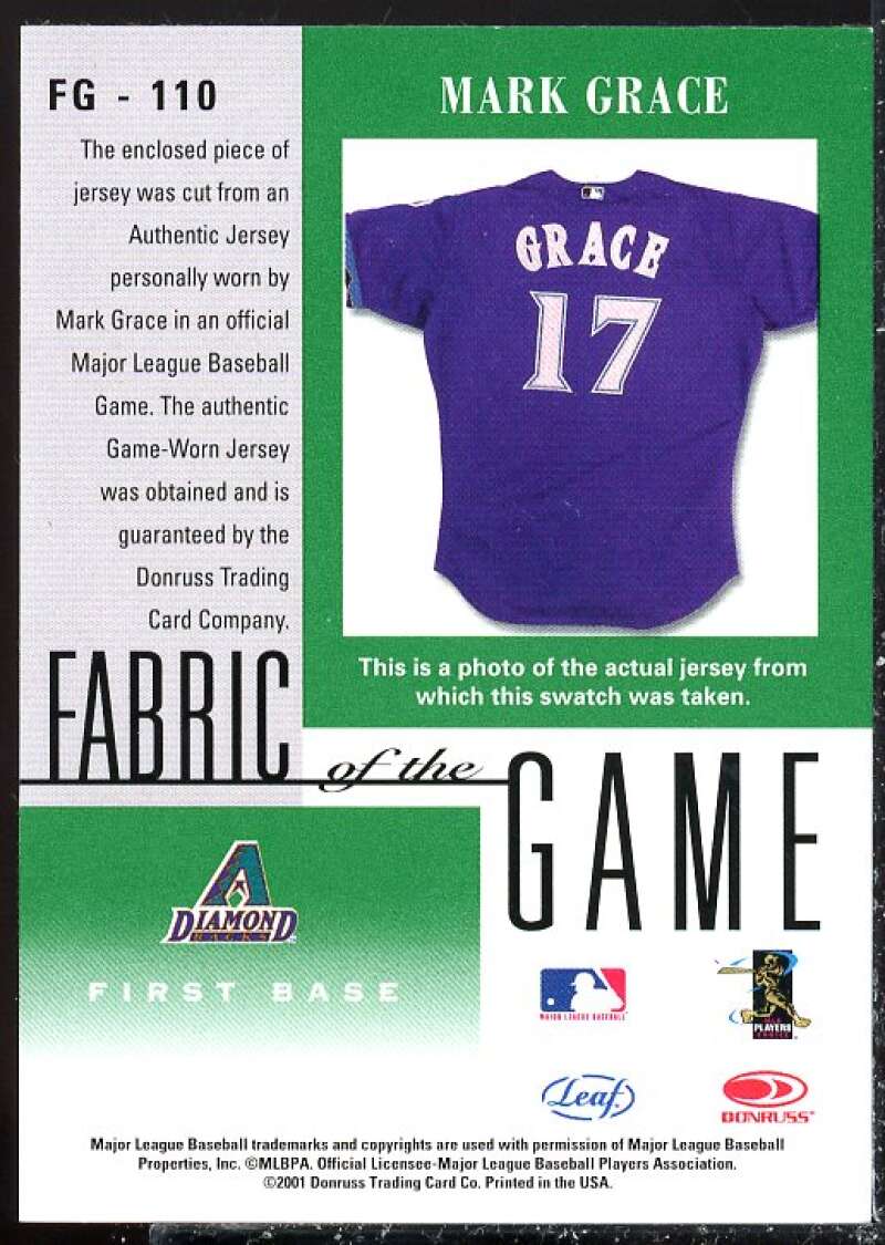 Mark Grace Card 2001 Leaf Certified Materials Fabric of the Game #110BA  Image 2