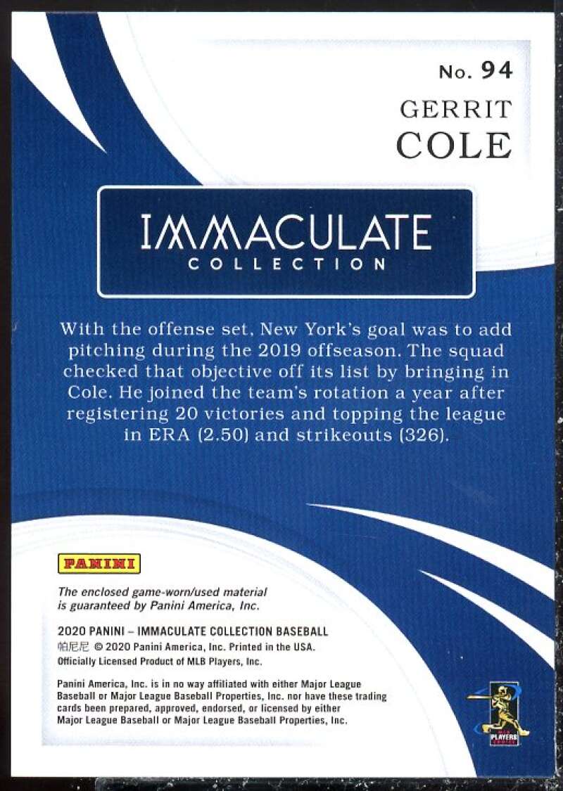 Gerrit Cole JSY Card 2020 Immaculate Collection Red #94  Image 2