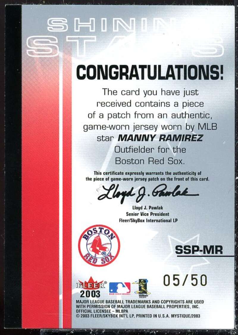 Manny Ramirez Card 2003 Fleer Mystique Shining Stars Patch #MR  Image 2