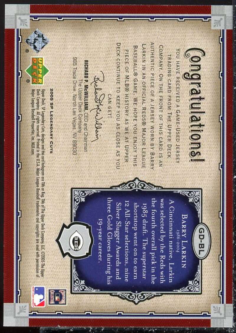 Barry Larkin Card 2005 SP Legendary Cuts Glory Days Material Gold #BL  Image 2