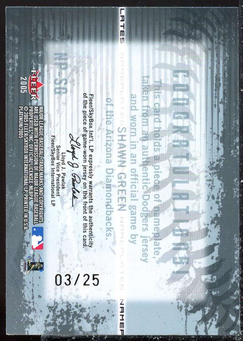 Shawn Green Card 2005 Fleer Platinum Nameplates Patch Platinum #SG  Image 2