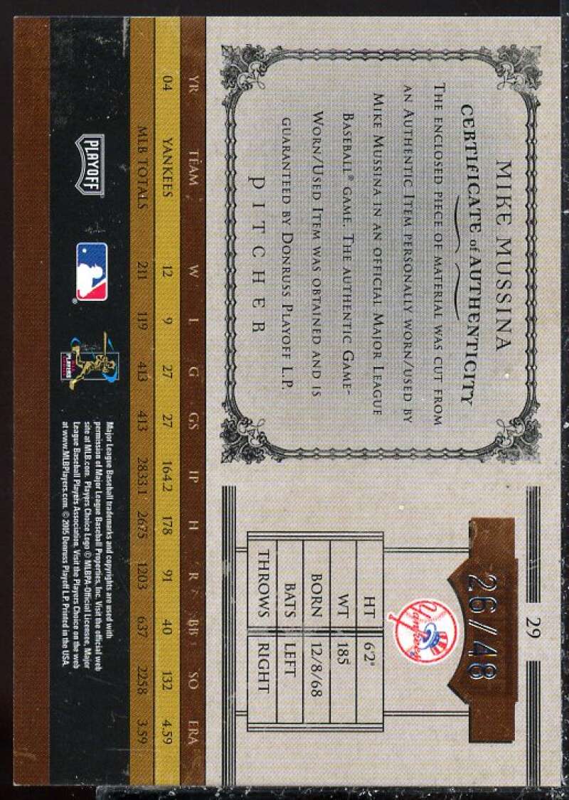 Mike Mussina Card 2005 Prime Cuts Material Bat #29  Image 2