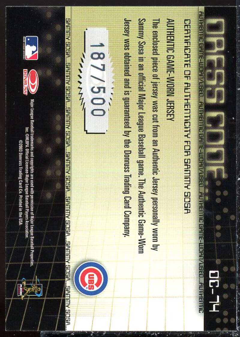 Sammy Sosa Card 2003 Donruss Classics Dress Code #74  Image 2