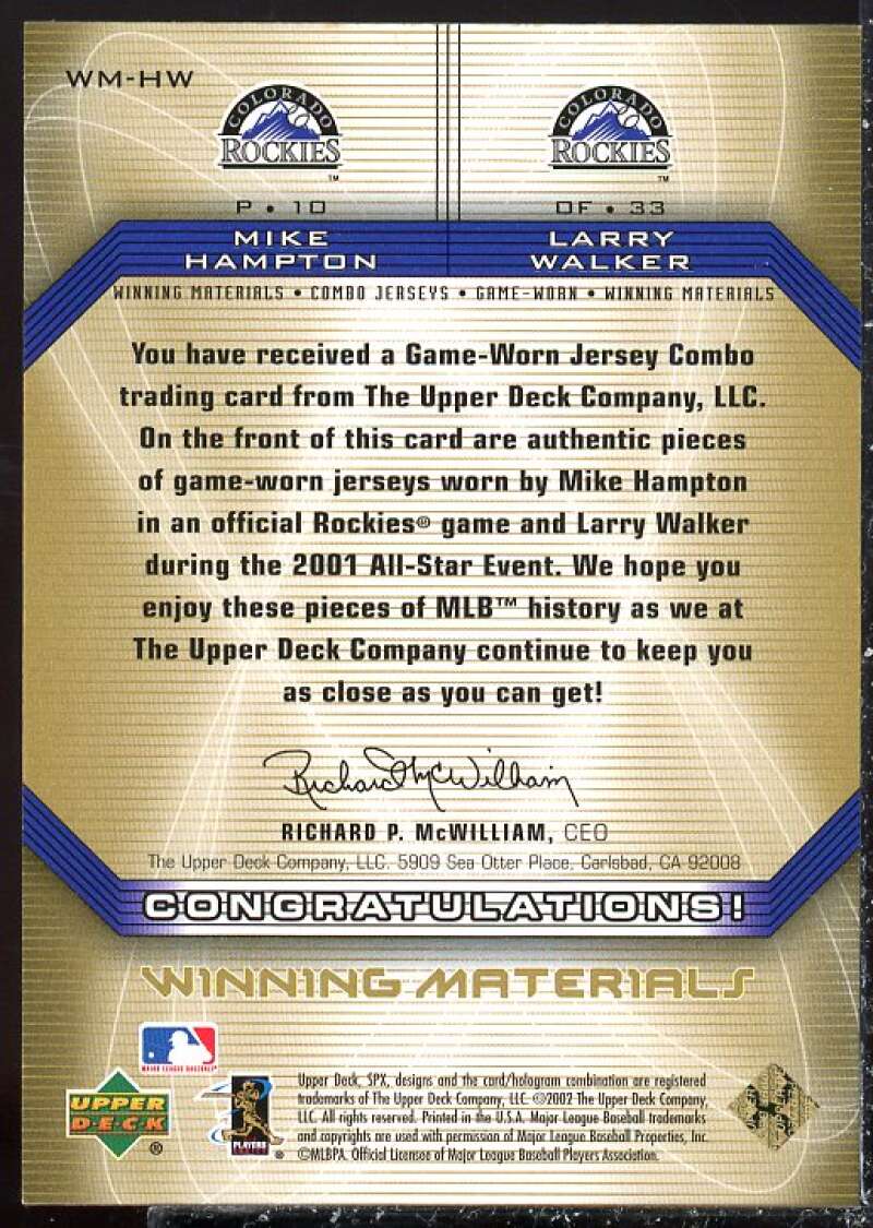 Hampton/Larry Walker 2002 SPx Winning Materials 2-Player Jersey Combos #WMHW  Image 2