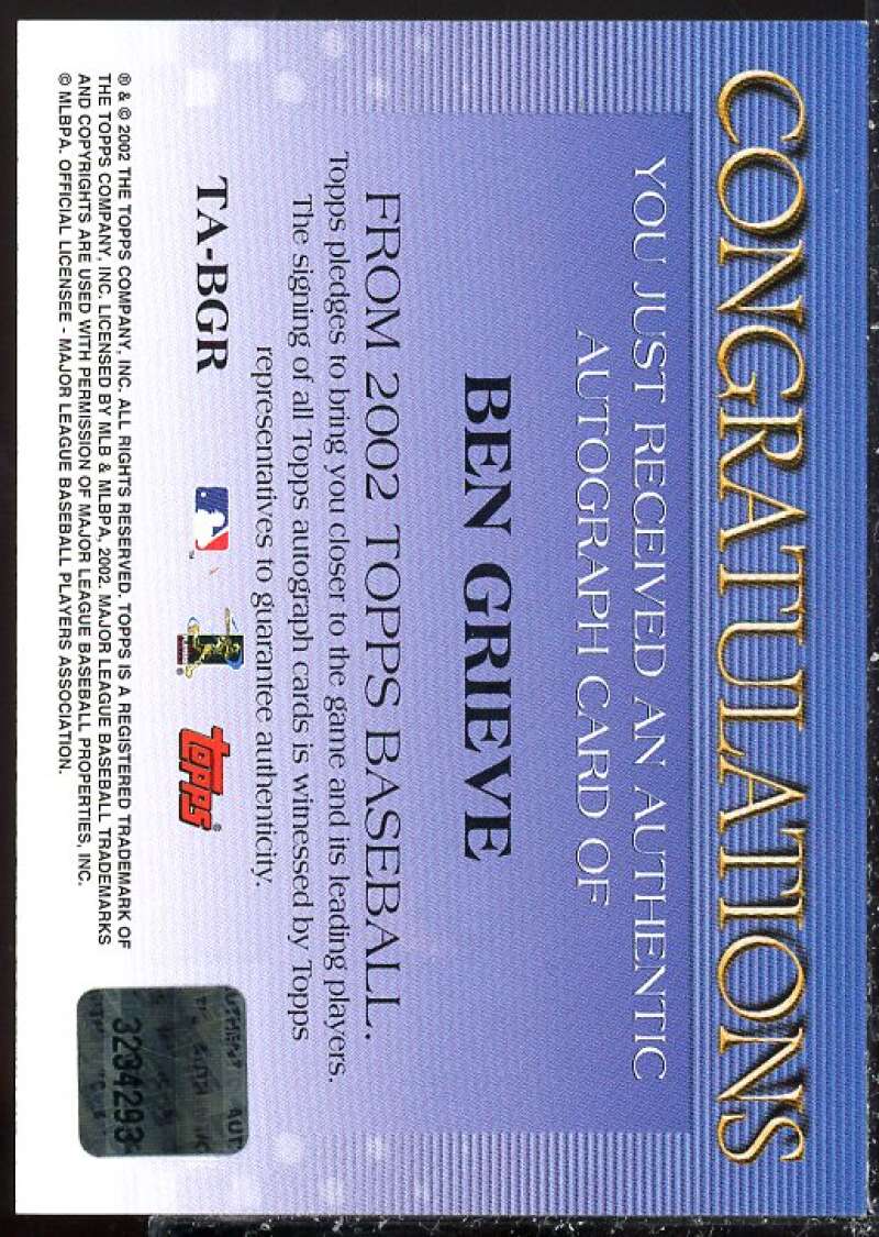 Ben Grieve Card 2002 Topps Autographs #TABGR  Image 2
