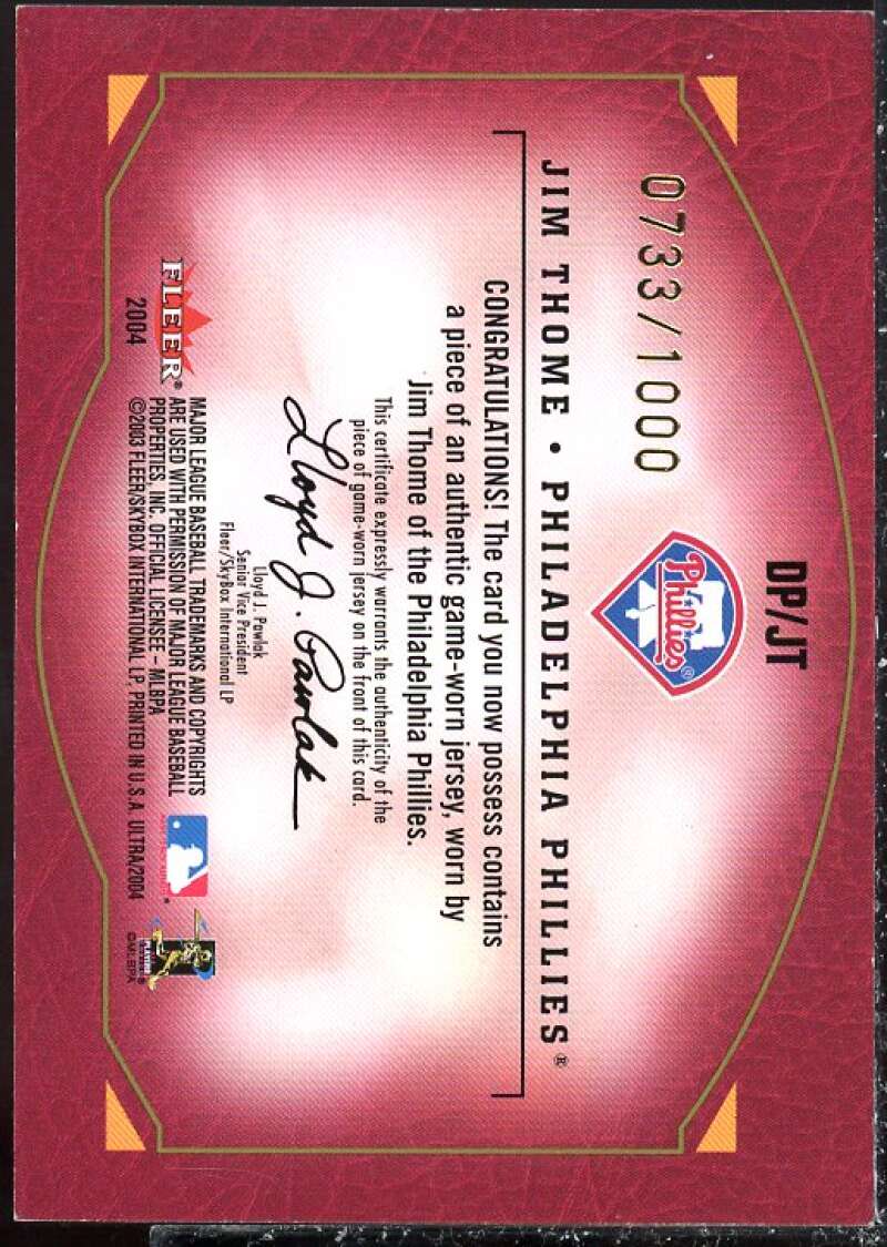 Jim Thome Jsy Card 2004 Ultra Diamond Producers Game Used #3  Image 2