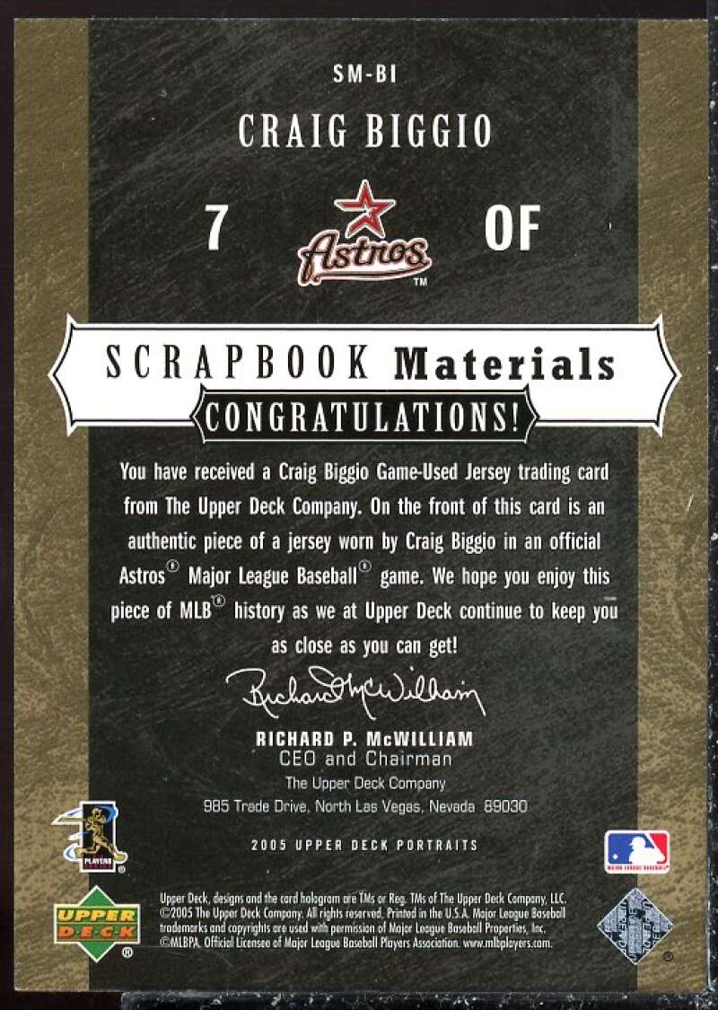 Craig Biggio Jsy Card 2005 UD Portraits Scrapbook Materials #BI  Image 2