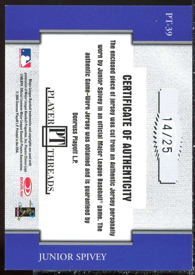 Junior Spivey Card 2004 Throwback Threads Player Threads Signature #39  Image 2