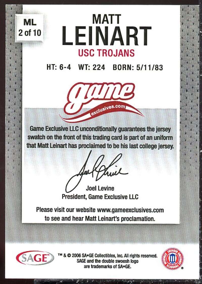 Matt Leinart Card 2006 SAGE Game Exclusive  Jerseys Bronze #ML2  Image 2
