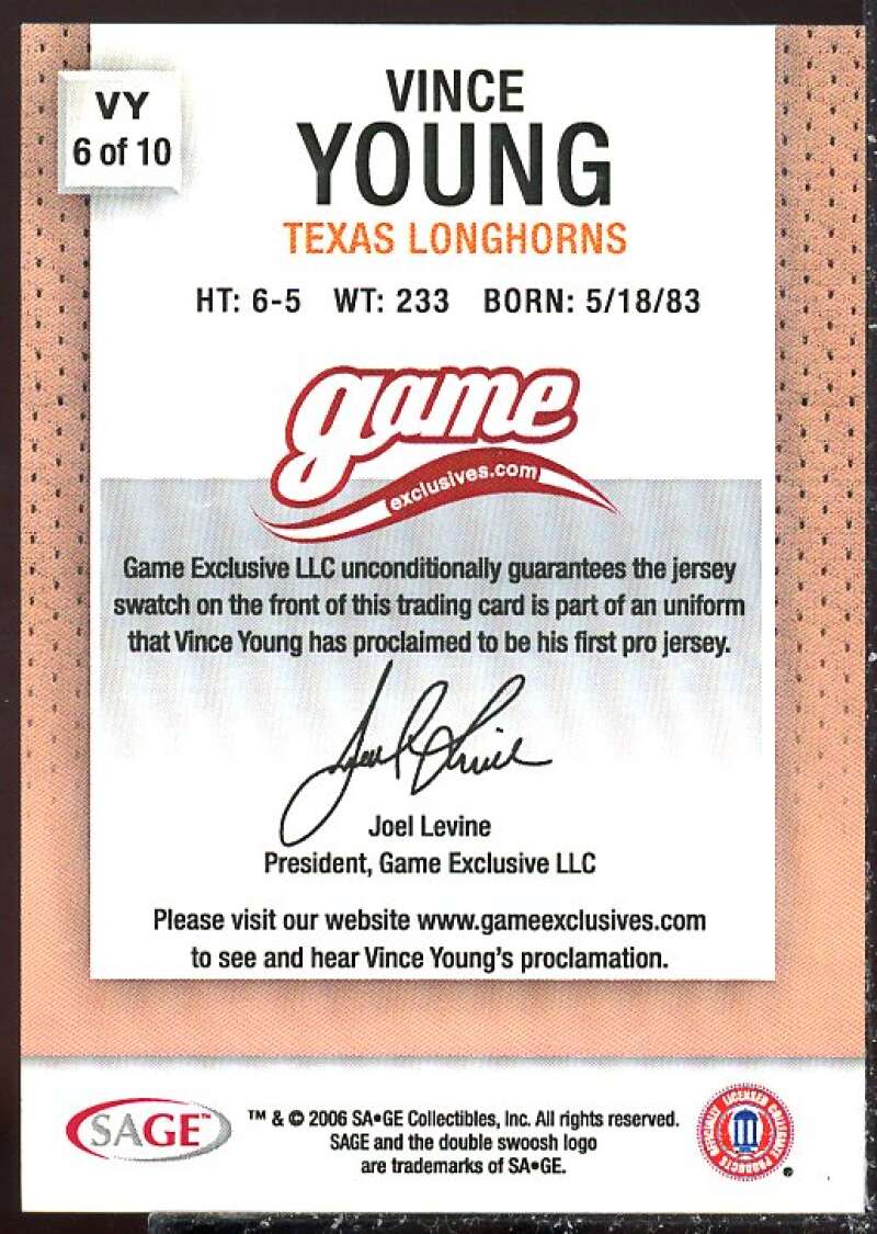 Vince Young NFL Card 2006 SAGE Game Exclusive Vince Young Jerseys Bronze #VY6  Image 2