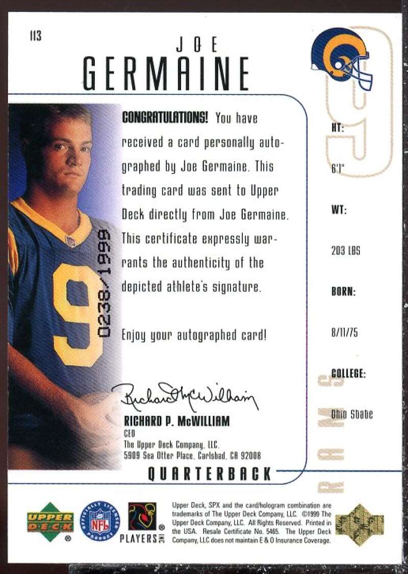 Joe Germaine AU RC Card 1999 SPx #113  Image 2