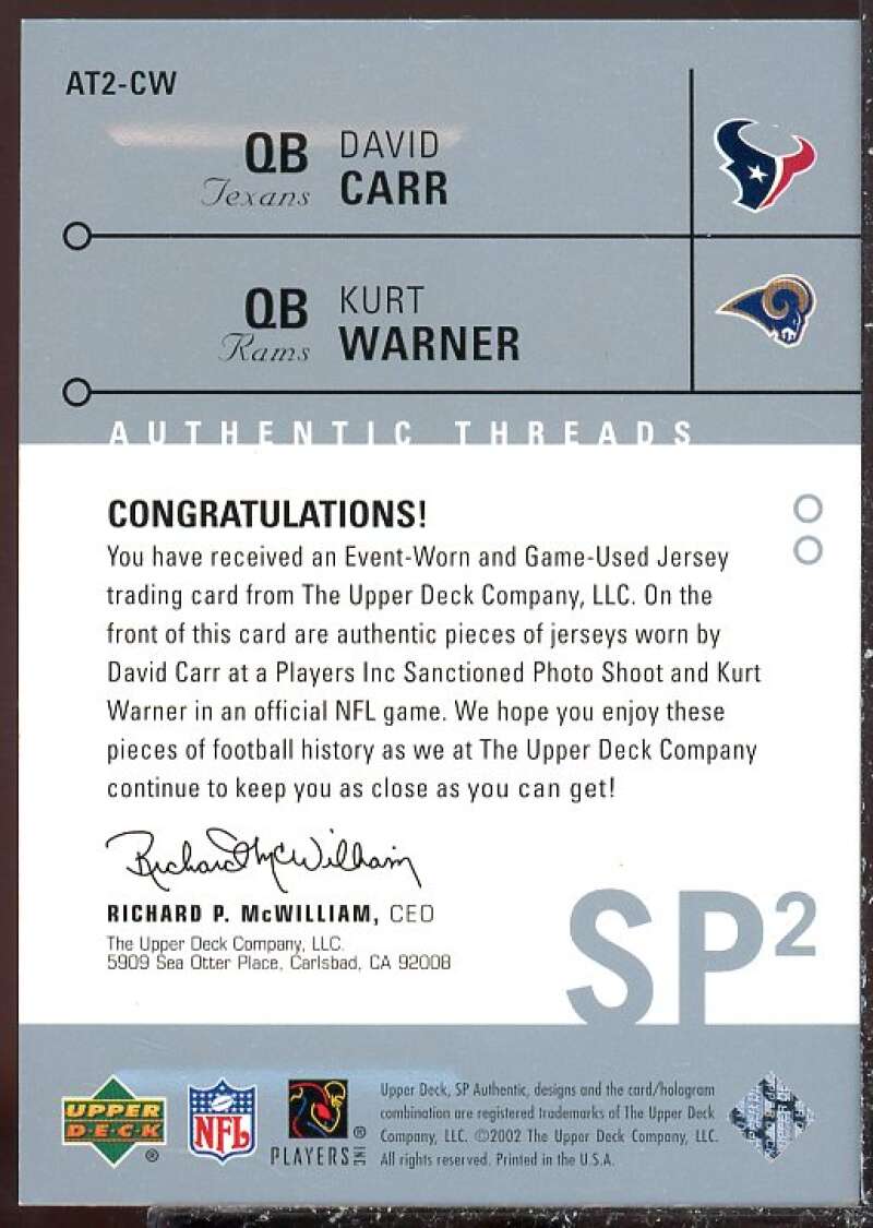 David Carr/Kurt Warner Card 2002 SP Authentic Threads Doubles #AT2CW  Image 2
