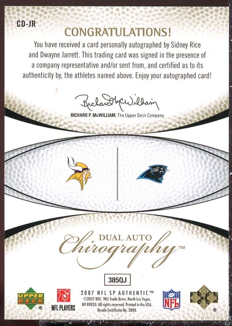 Sidney Rice/Dwayne Jarrett AU Card 2007 SP Authentic Chirography Duals #JR  Image 2