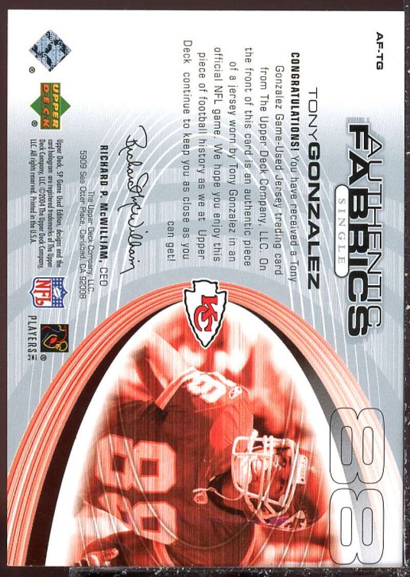 Tony Gonzalez Card 2004 SP Game Used Edition Authentic Fabric #AFTG  Image 2
