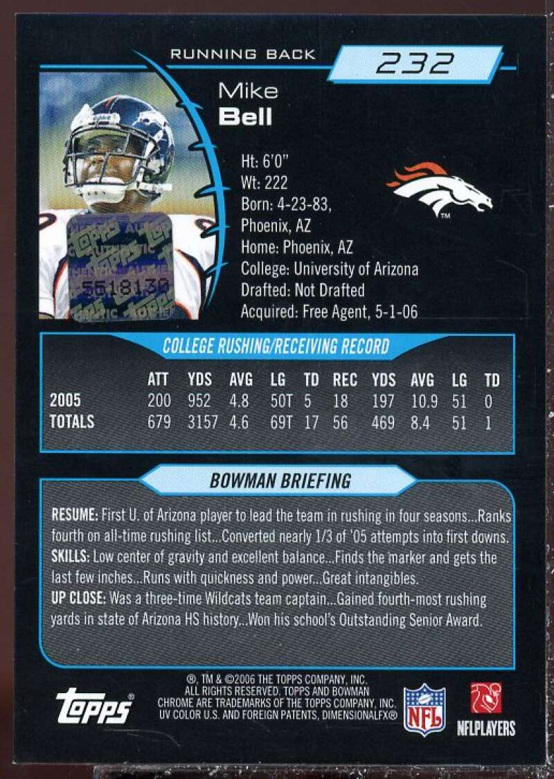 Mike Bell Card 2006 Bowman Chrome Rookie Autographs #232  Image 2