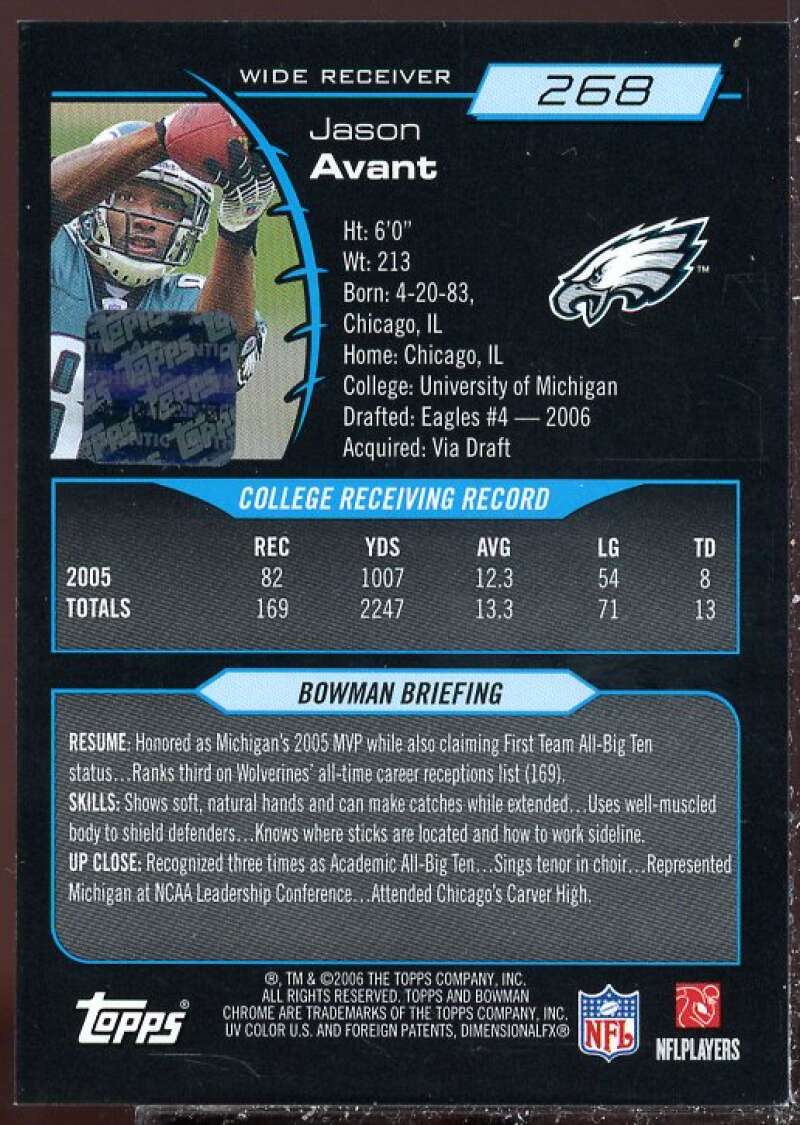 Jason Avant Card 2006 Bowman Chrome Rookie Autographs #268  Image 2