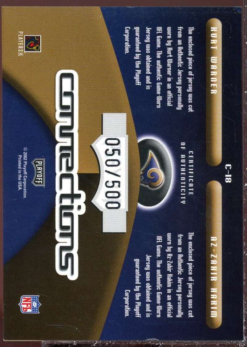 Kurt Warner/Az-Zahir Hakim Card 2002 Playoff Prestige Connections Jerseys #C18  Image 2