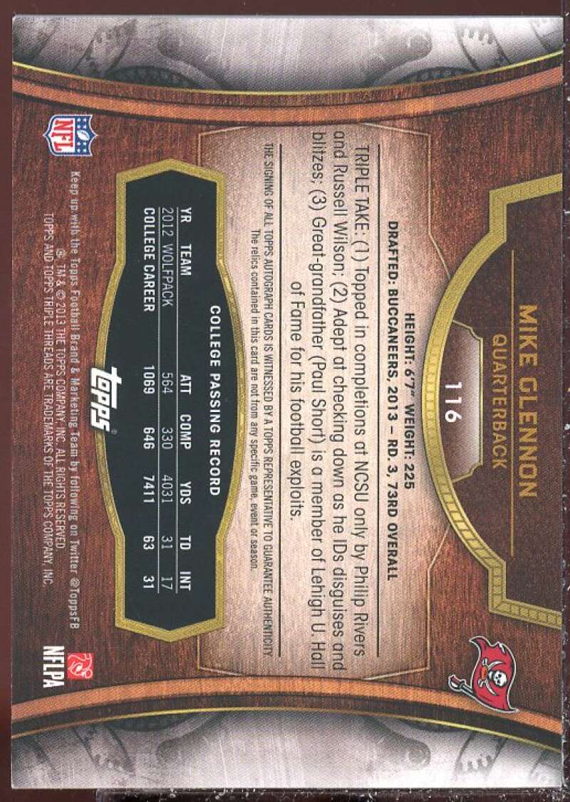 Mike Glennon JSY AU Card 2013 Topps Triple Threads Ruby #116  Image 2