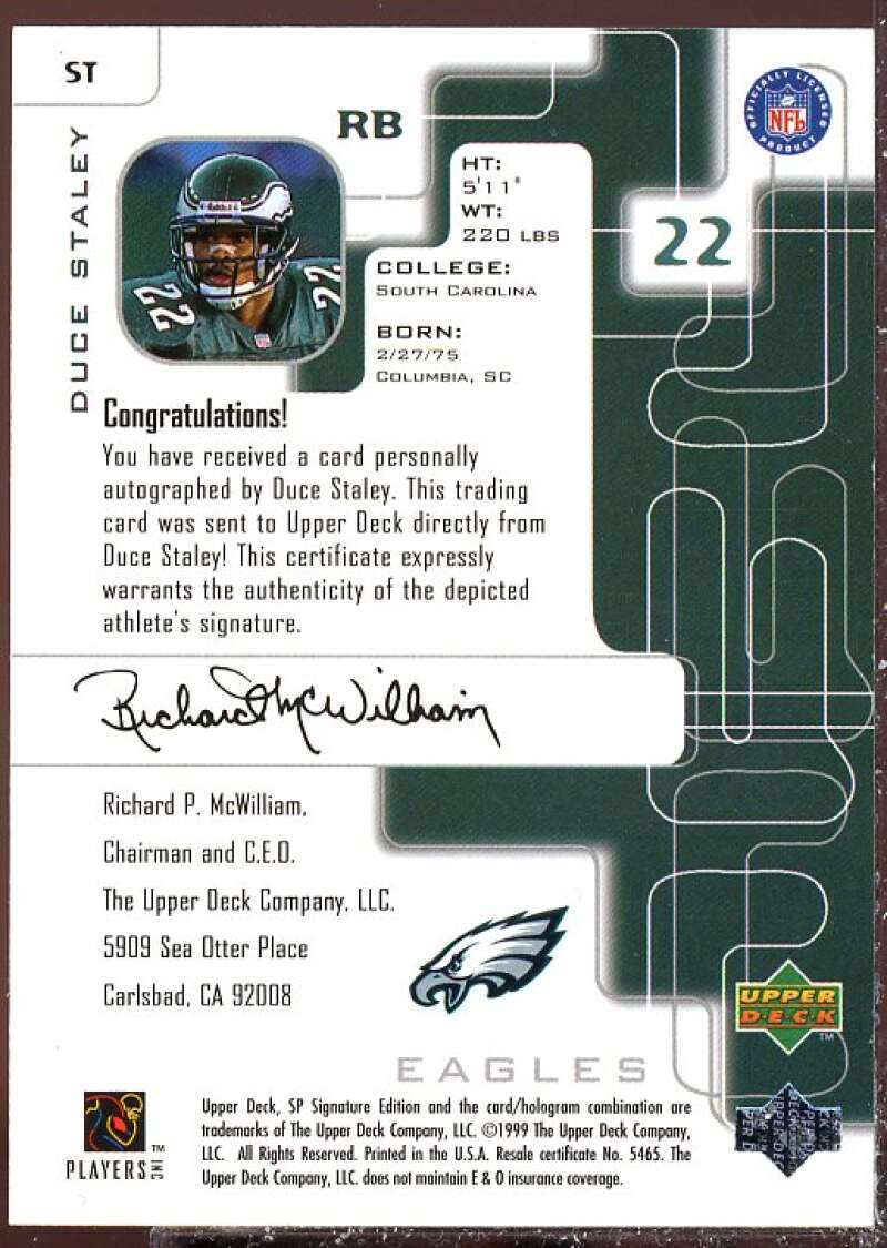 Duce Staley Card 1999 SP Signature Autographs #ST  Image 2