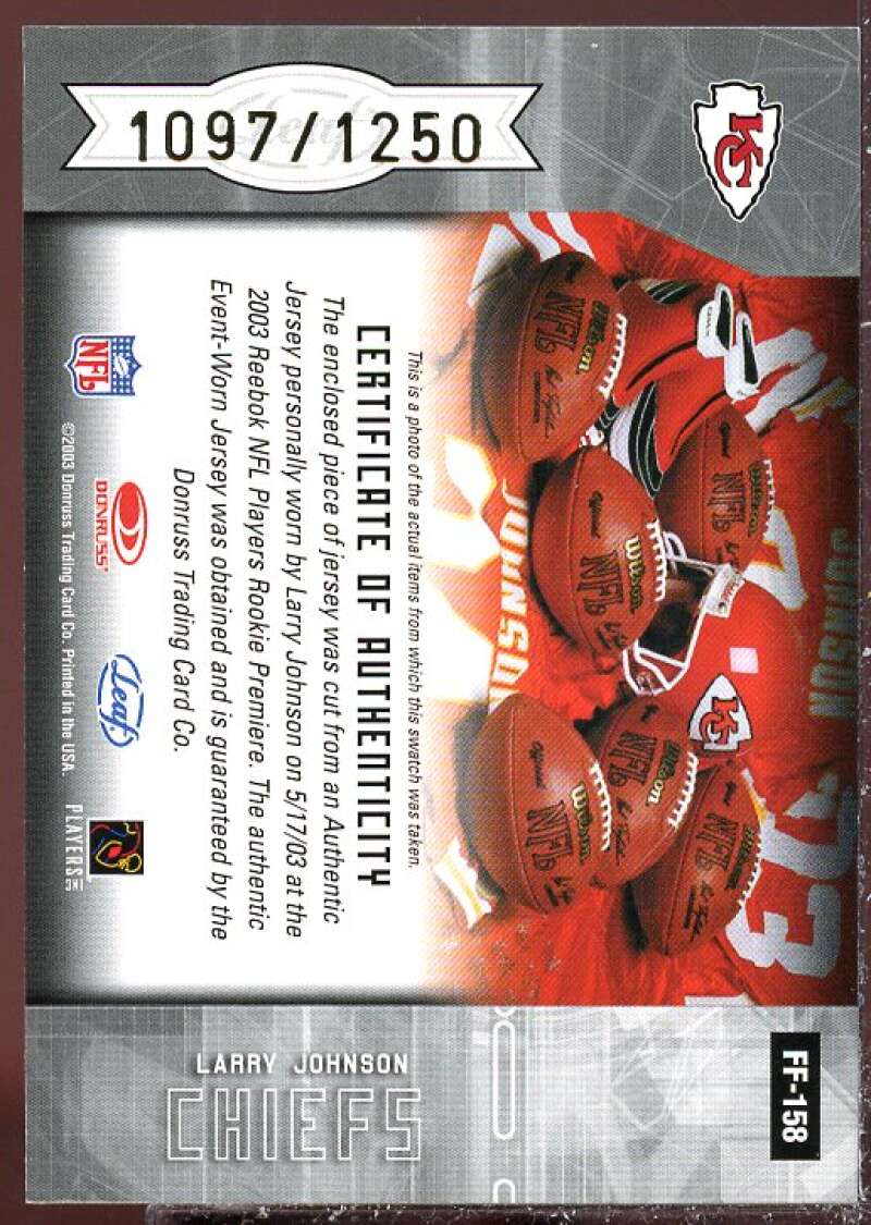 Larry Johnson JSY RC Card 2003 Leaf Certified Materials #158  Image 2