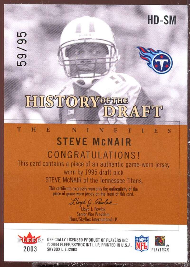 Steve McNair Card 2003 SkyBox LE History of the Draft Jerseys #HDSM  Image 2