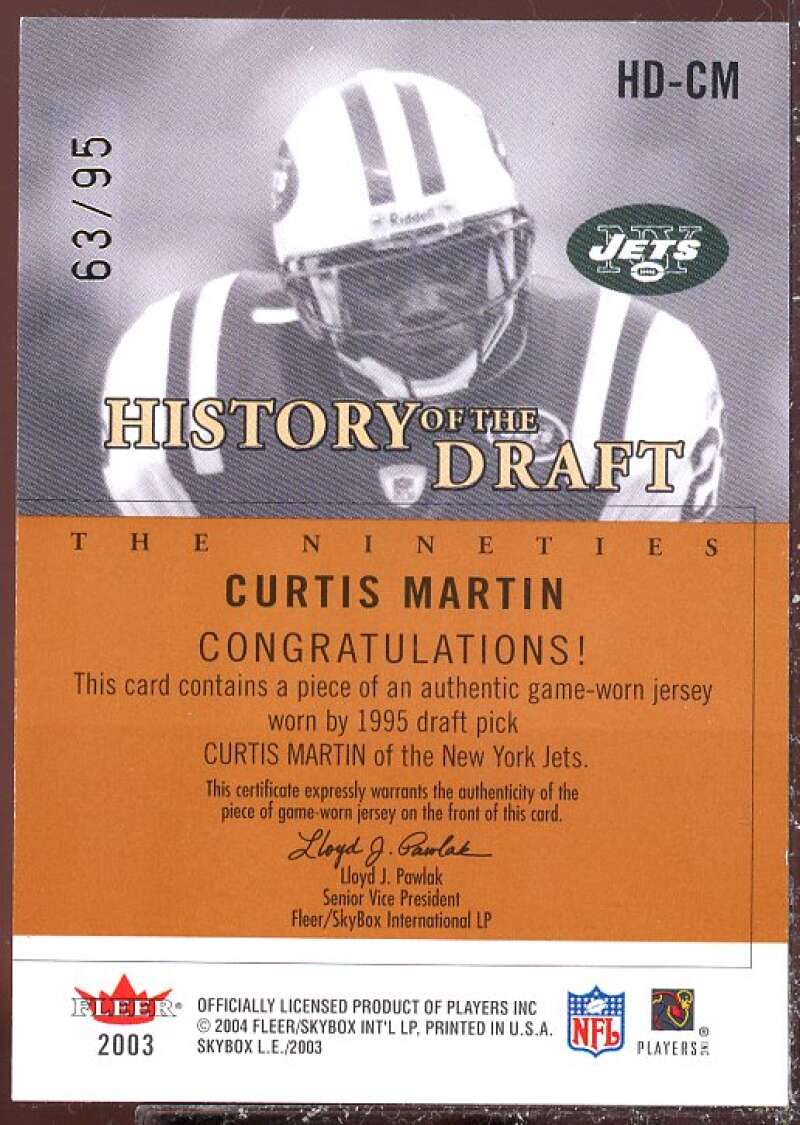 Curtis Martin Card 2003 SkyBox LE History of the Draft Jerseys #HDCM  Image 2