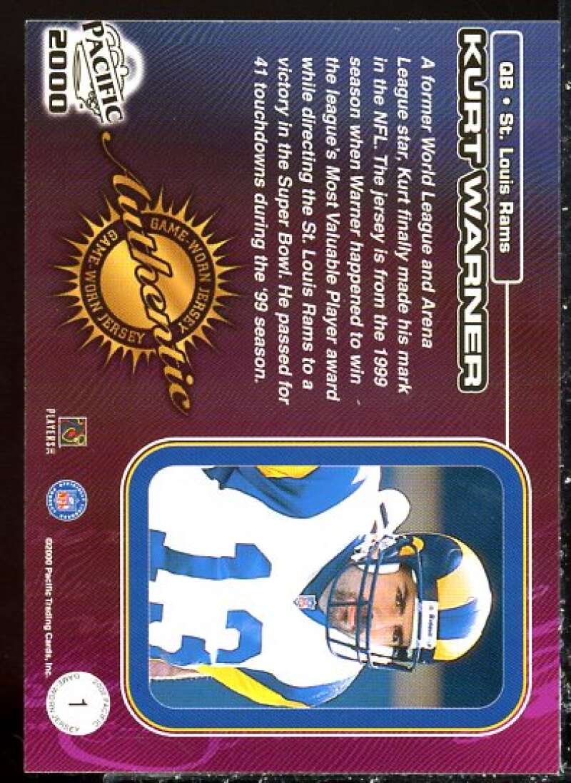 Kurt Warner Card 2000 Pacific Game Worn Jerseys #1  Image 2