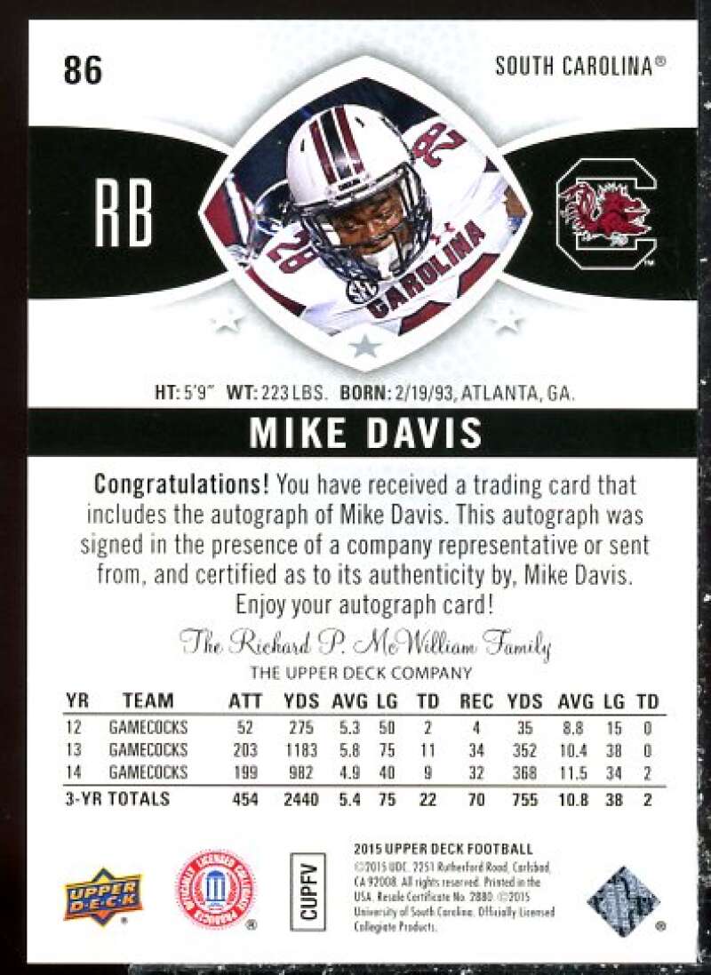 Mike Davis Card 2015 Upper Deck Star Rookies Autographs #86  Image 2