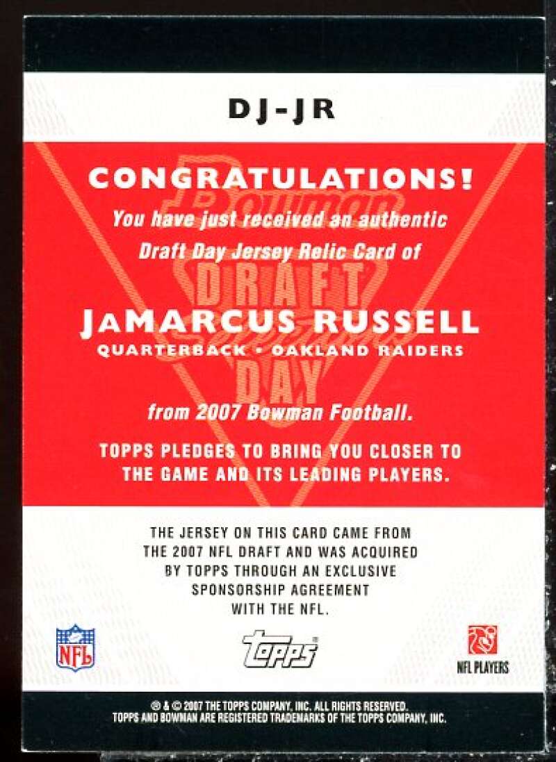 JaMarcus Russell Jsy Card 2007 Bowman Draft Day Selections Relics #DJJR  Image 2