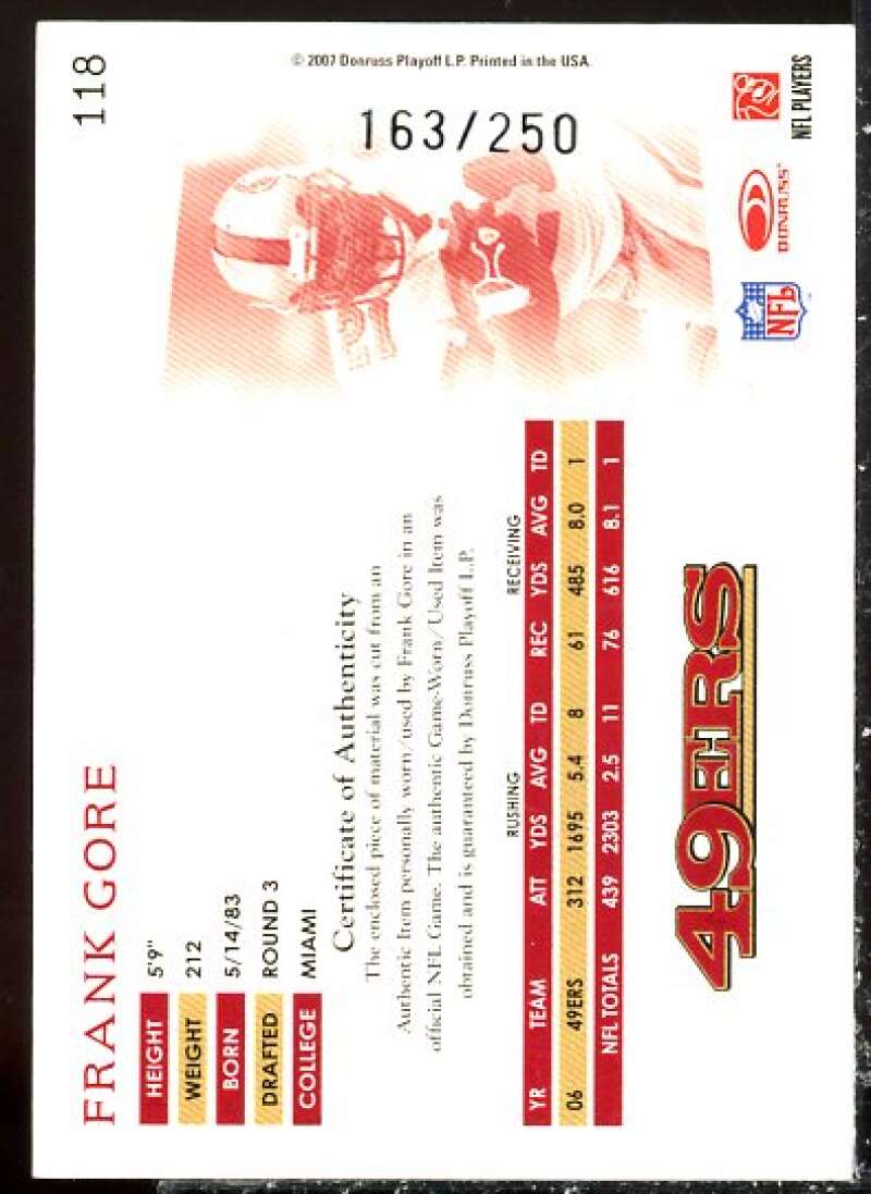 Frank Gore Card 2007 Donruss Threads Jerseys #118  Image 2