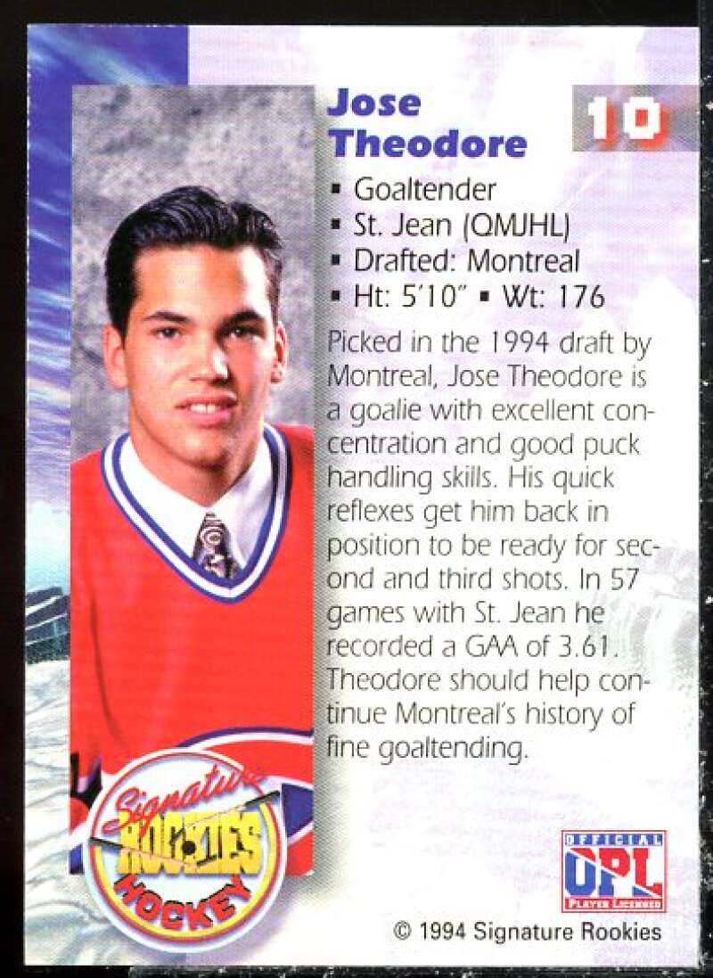 Jose Theodore Card 1995 Signature Rookies Signatures #10  Image 2