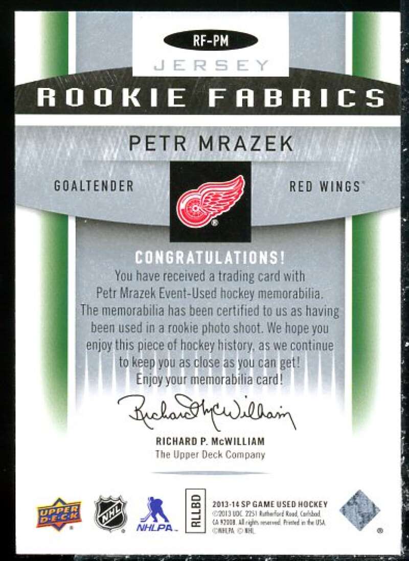 Petr Mrazek Card 2013-14 SP Game Used Rookie Fabrics #RFPM  Image 2