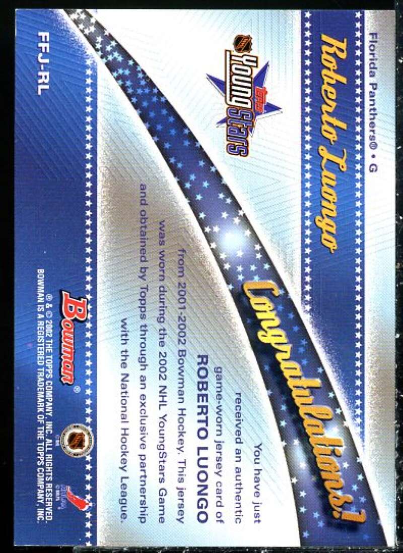 Roberto Luongo Card 2001-02 Bowman YoungStars Relics #JRL  Image 2