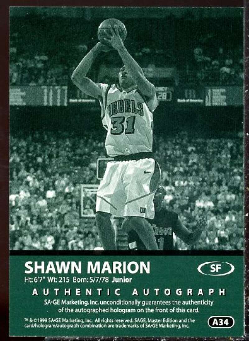 Shawn Marion Card 1999 SAGE Autographs Bronze #A34  Image 2