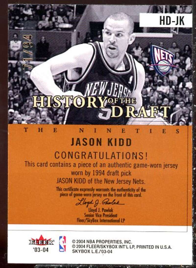 Jason Kidd Card 2003-04 SkyBox LE History of the Draft The 90s #HDJK  Image 2