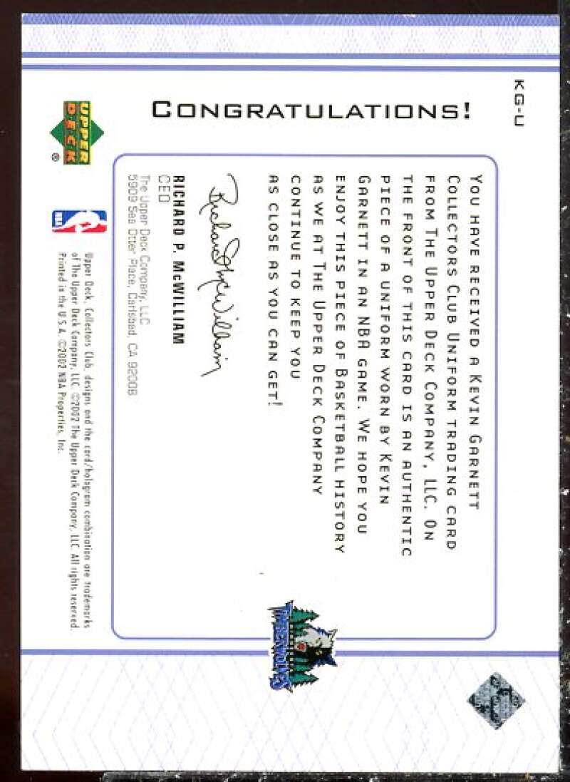 Kevin Garnett JSY Card 2002 Upper Deck Collector's Club #KGU  Image 2