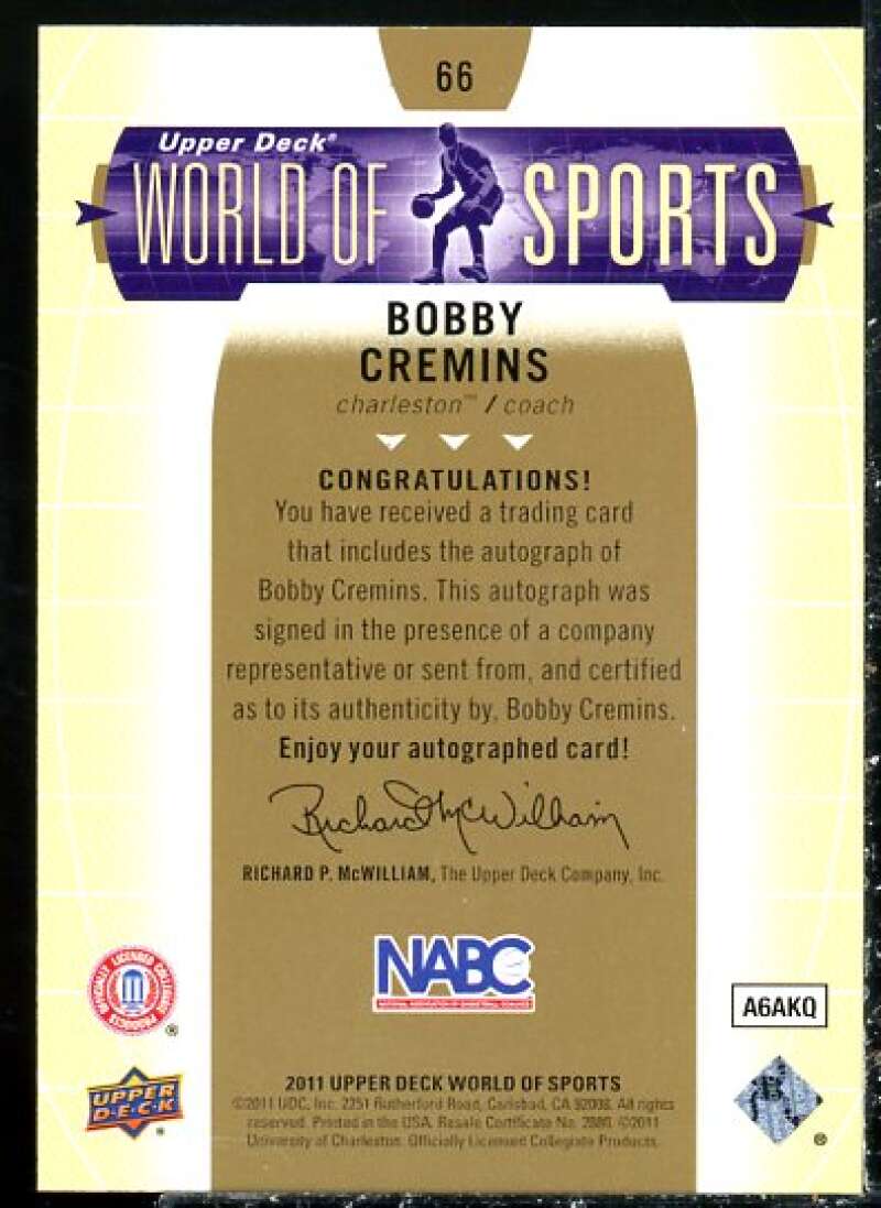 Bobby Cremins Card 2011 Upper Deck World of Sports Autographs #66  Image 2