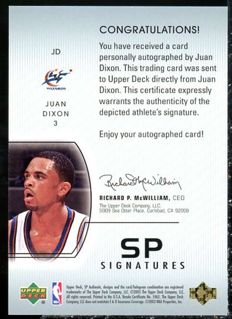 Juan Dixon Card 2002-03 SP Authentic SP Signatures #JD  Image 2