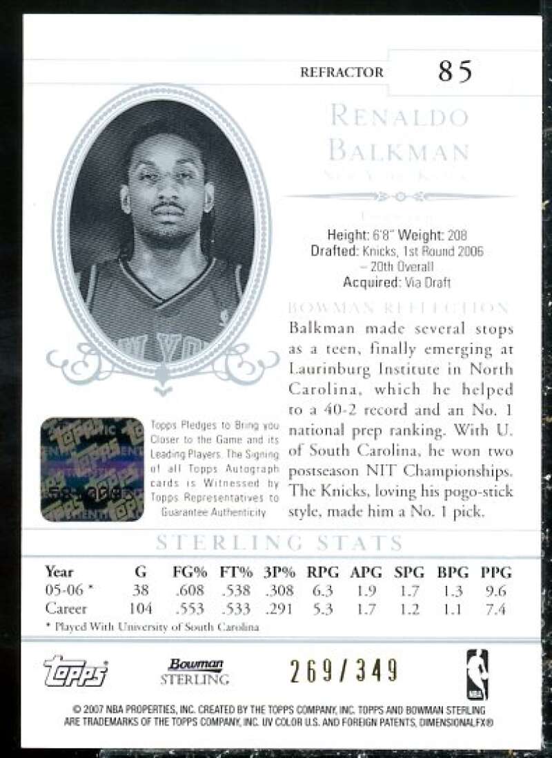 Renaldo Balkman AU Card 2006-07 Bowman Sterling Refractors Gold #85  Image 2