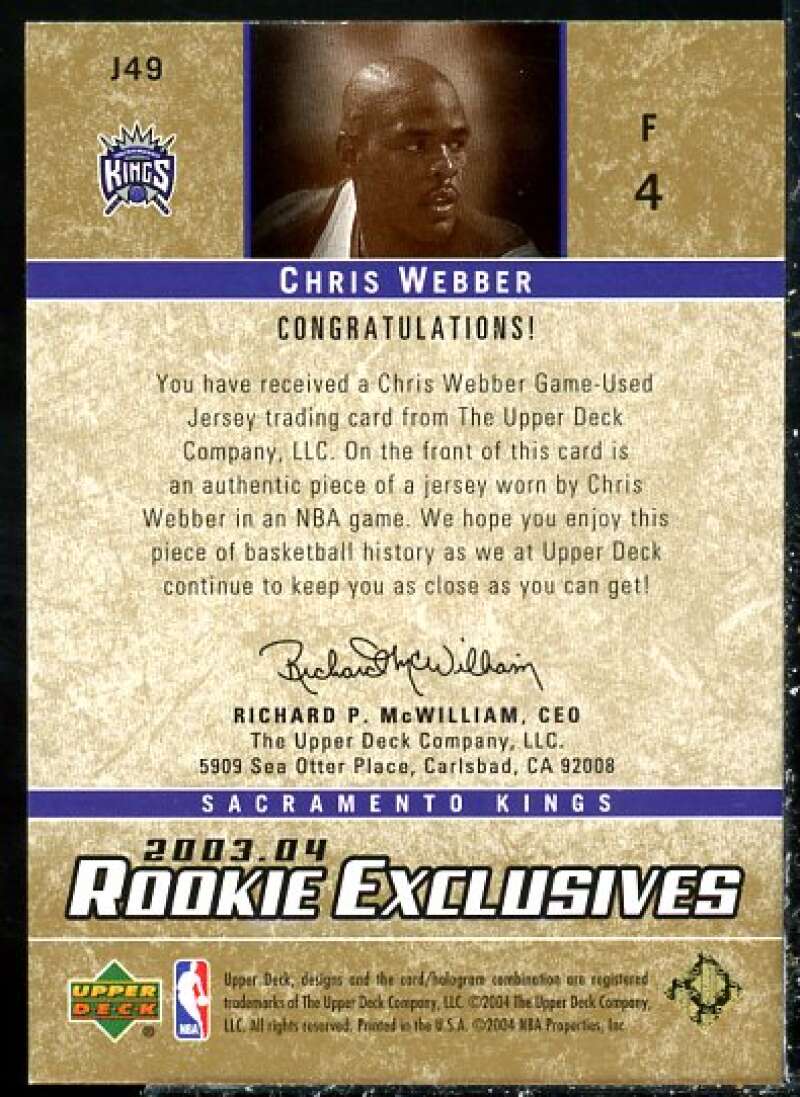 Chris Webber Card 2003-04 Upper Deck Rookie Exclusives Jerseys Variation #J49  Image 2