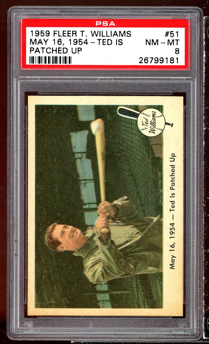 Ted Williams Card 1959 Fleer Ted Is Patched Up #51 PSA 8 Image 1