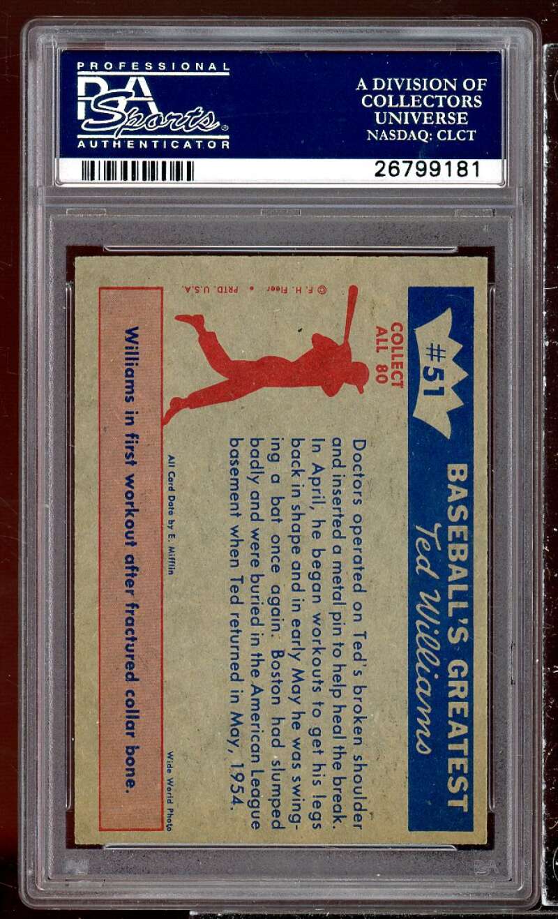 Ted Williams Card 1959 Fleer Ted Is Patched Up #51 PSA 8 Image 2