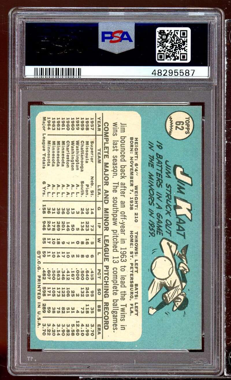 Jim Kaat Card 1965 Topps #62 PSA 8 Image 2