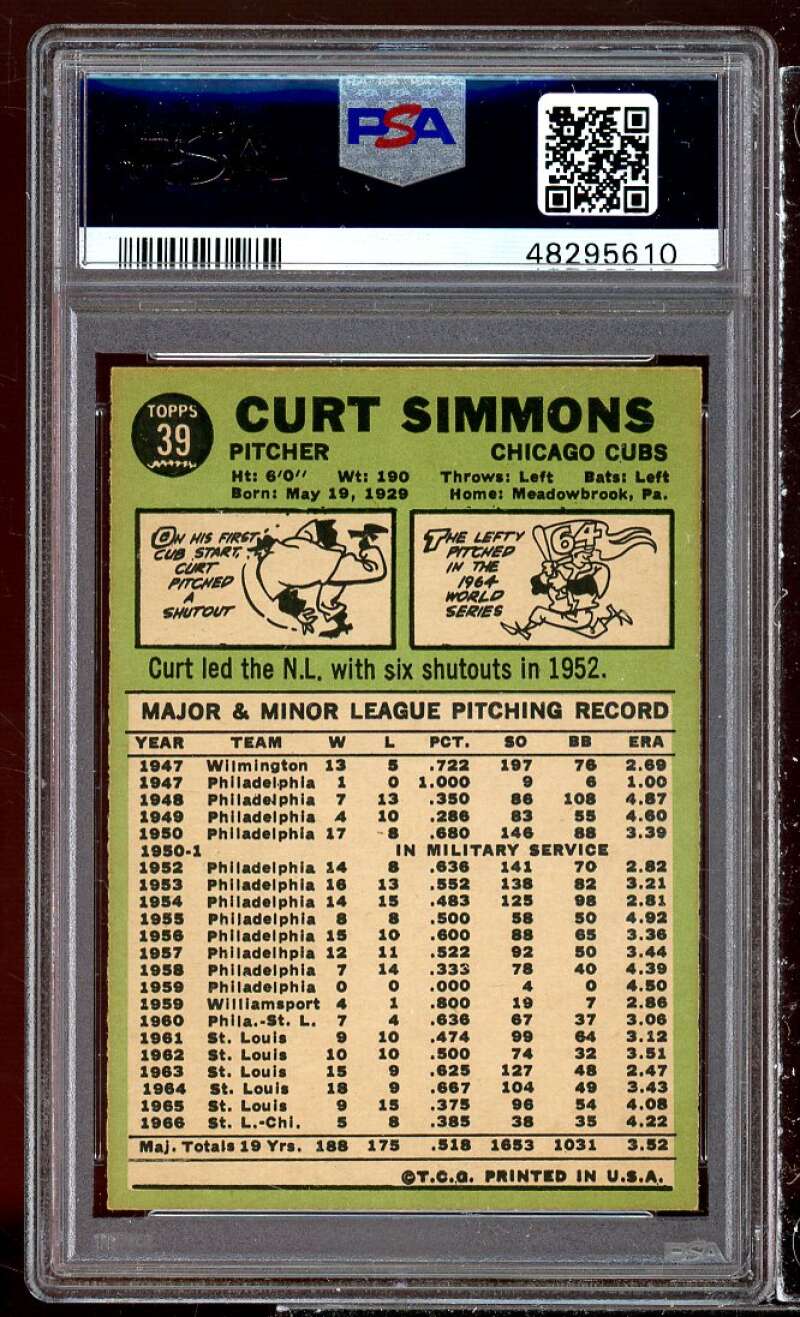 Curt Simmons Card 1967 Topps #39 PSA 8 Image 2