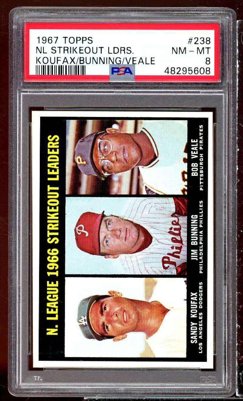 Jim Bunning /Bob Veale / Sandy Koufax 1967 Topps NL Strikeout Leaders #238 PSA 8 Image 1