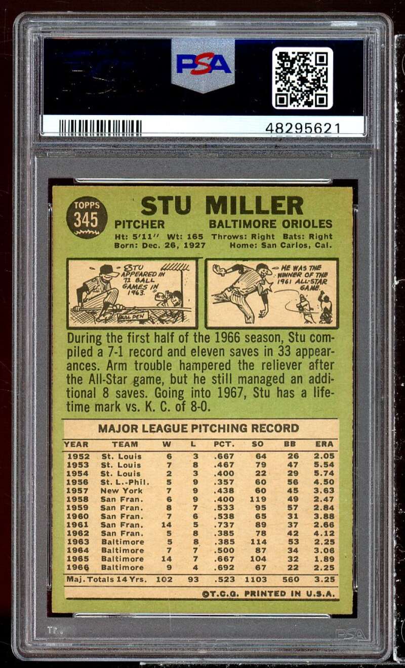 Stu Miller Card 1967 Topps #345 PSA 8 Image 2