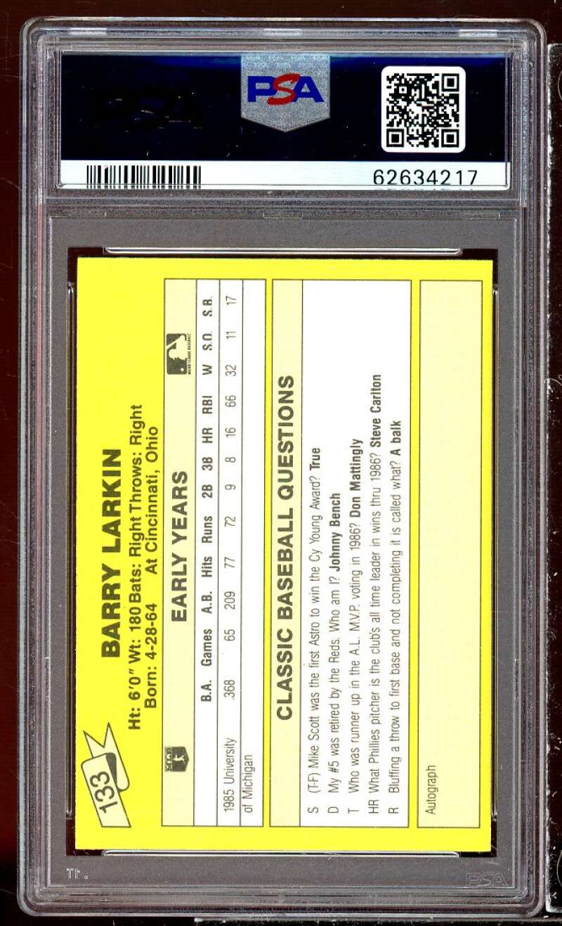 Barry Larkin Rookie Card 1987 Classic Update Yellow #133 PSA 10 Image 2