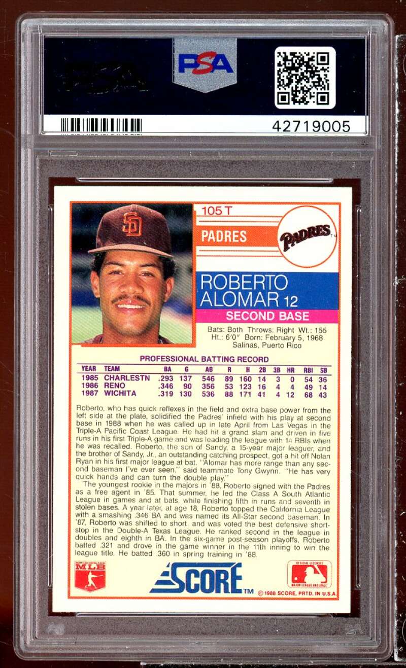 Roberto Alomar Rookie Card 1988 Score Traded Glossy #105T PSA 9 Image 2